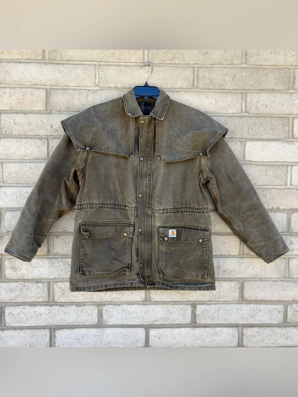 VINTAGE CARHARTT Brown DUSTER CHORE CAPE COAT JACKET Large Distressed Faded
